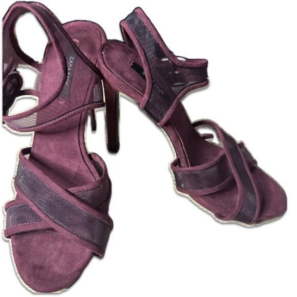 Zara Sheer Instep Straps Suede Stiletto Sandals Burgundy Red Women's Size 37 US - Picture 1 of 4